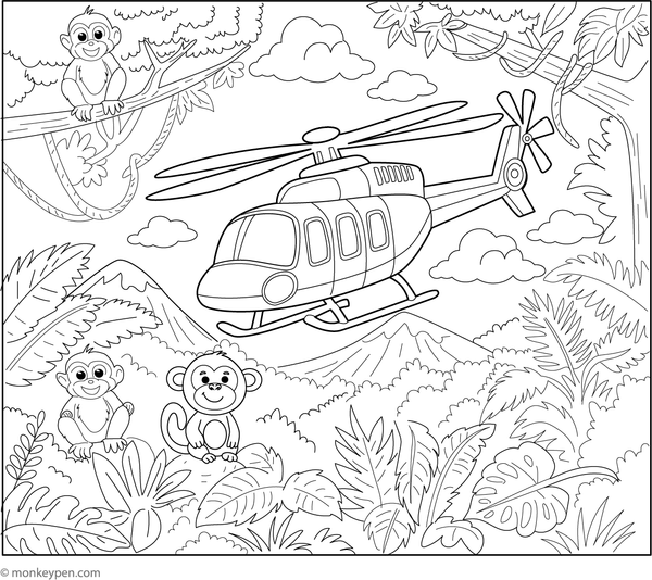 Helicopter flying over a jungle filled with animals and trees, ready to be colored.