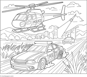 Police helicopter chasing a speedy car, ready to be colored
