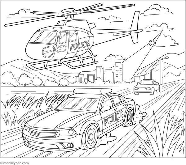 Police helicopter chasing a speedy car, ready to be colored