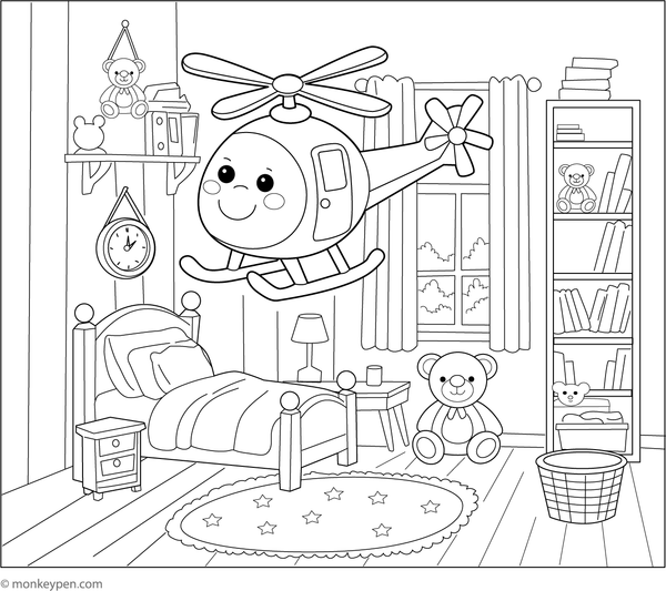 Toy helicopter flying inside a child's room, surrounded by toys and decorative elements.