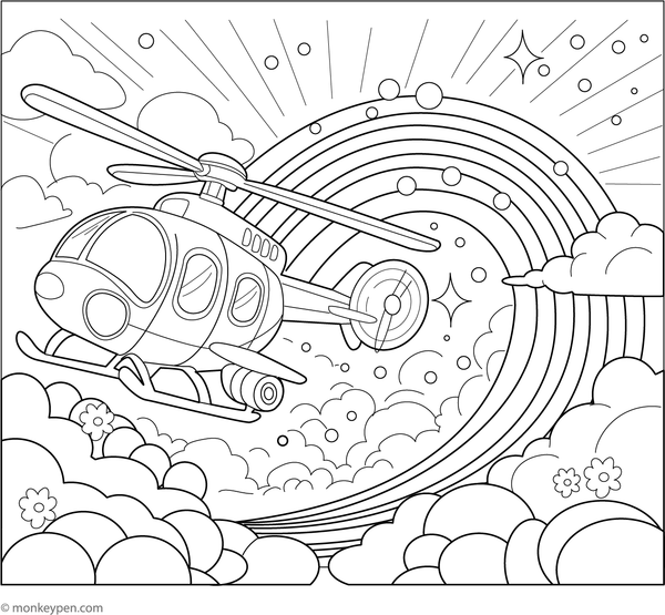 Helicopter flying with a rainbow trail, creating a bright and cheerful scene