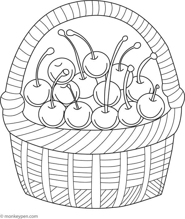 Basket of cherries colouring page showing a woven basket filled with fruit for children to colour