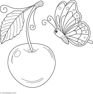 Cherry colouring page with a butterfly near the fruit for children to colour