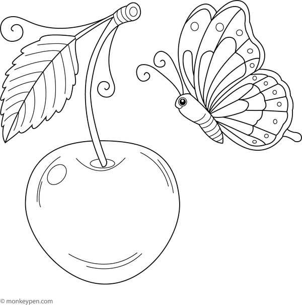 Cherry colouring page with a butterfly near the fruit for children to colour