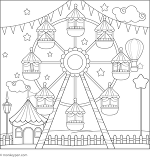 Printable coloring page of a large Ferris wheel with cabins at an amusement park, suitable for children.