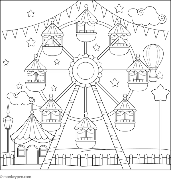 Printable coloring page of a large Ferris wheel with cabins at an amusement park, suitable for children.