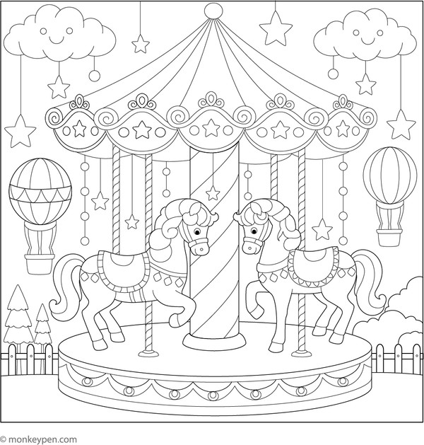 Printable coloring page of a carousel featuring decorated horses and ornamental details, suitable for children.