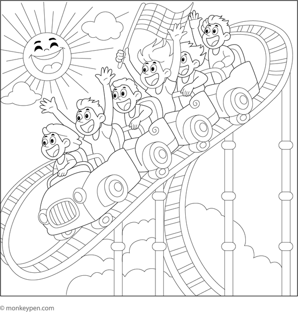 Printable coloring page of a roller coaster featuring twists and turns, depicting an exciting amusement park scene.