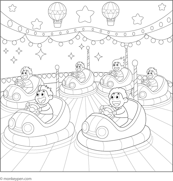 Printable coloring page of bumper cars with children enjoying the ride, suitable for children’s coloring activities.
