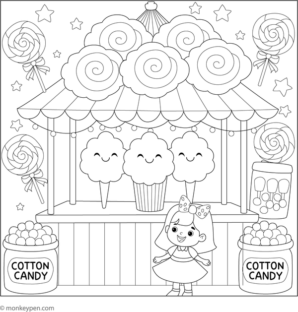 Printable coloring page of a cotton candy stall with fluffy treats at an amusement park scene.