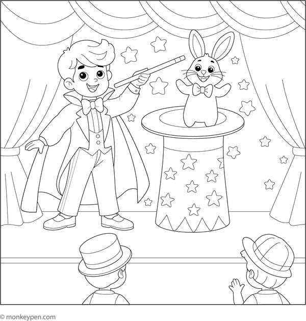 Printable coloring page of a magician performing tricks at an amusement park stage.