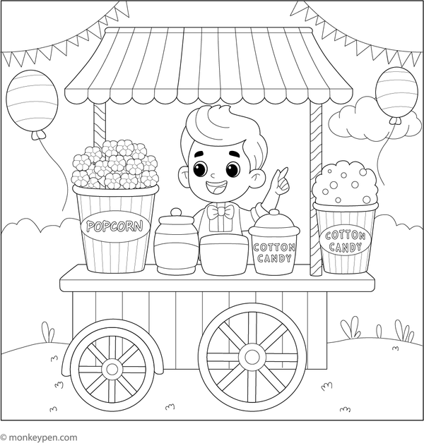 Printable coloring page featuring a popcorn and snack cart at an amusement park, suitable for children.