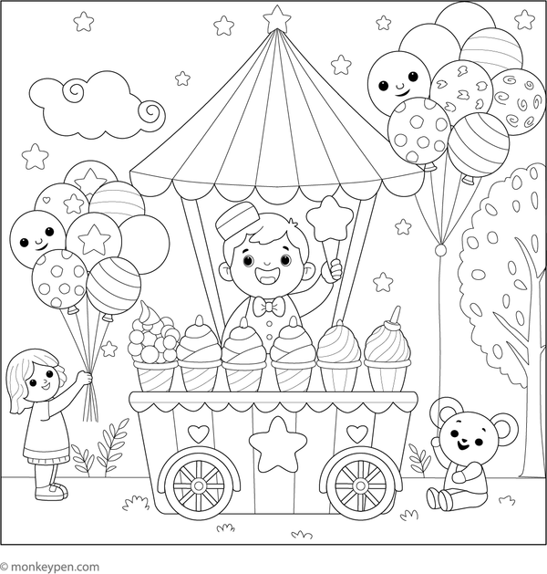 Printable coloring page of a balloon stand with colorful balloons at an amusement park, suitable for children.