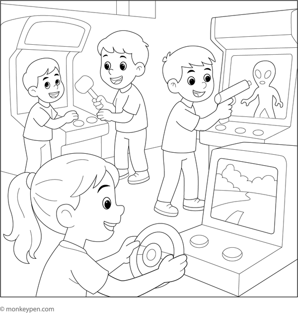 Printable coloring page of children engaging with arcade games at an amusement park, suitable for kids.