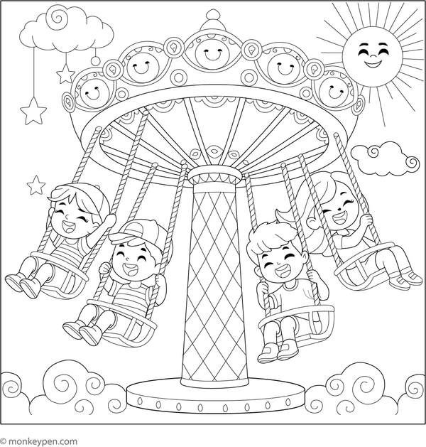 Printable coloring page of children on swinging rides at an amusement park, playful and lively.