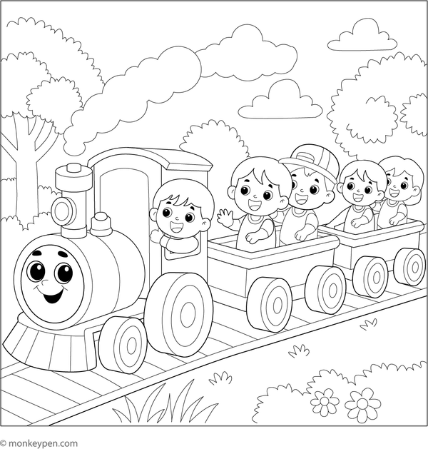 Printable coloring page of children riding a mini train at an amusement park, engaging for kids.