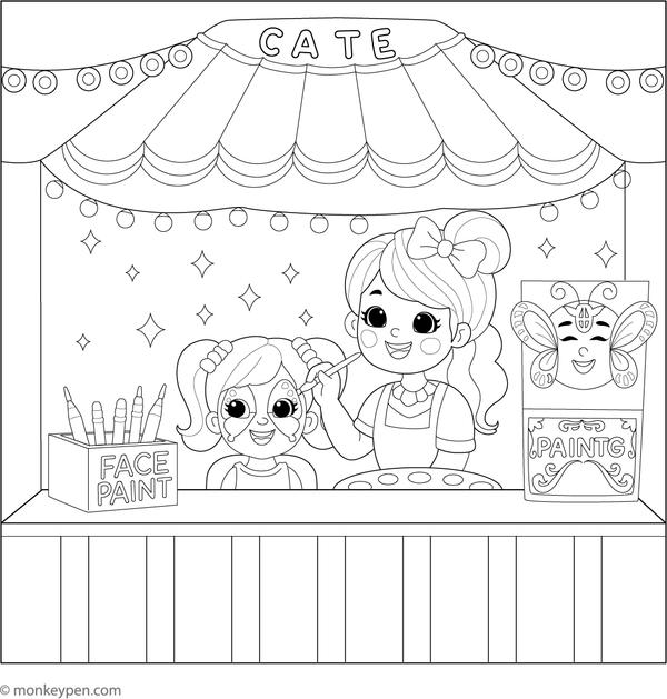 Printable coloring page of a face painting booth at an amusement park, suitable for children.