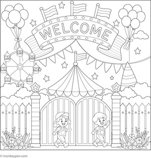 Printable coloring page depicting an amusement park entrance with welcoming gates, designed for children.