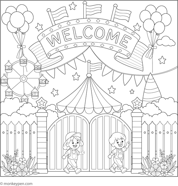 Printable coloring page depicting an amusement park entrance with welcoming gates, designed for children.