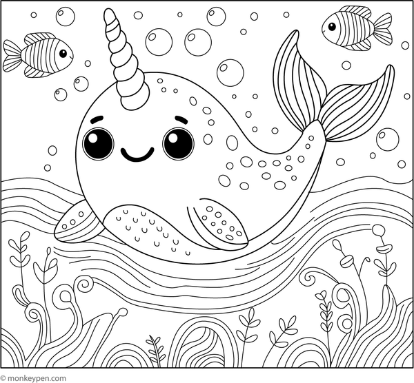 Printable colouring page of a smiling narwhal swimming in the ocean, suitable for children's activities