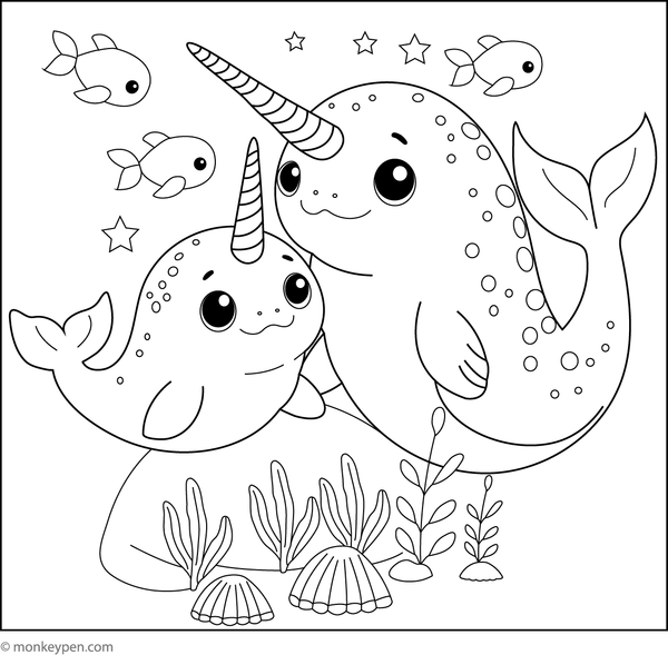 Printable colouring page of a baby narwhal swimming with its mother in an ocean scene suitable for children