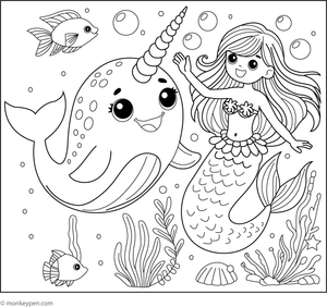 Printable colouring page of a narwhal with a mermaid, suitable for imaginative storytelling.