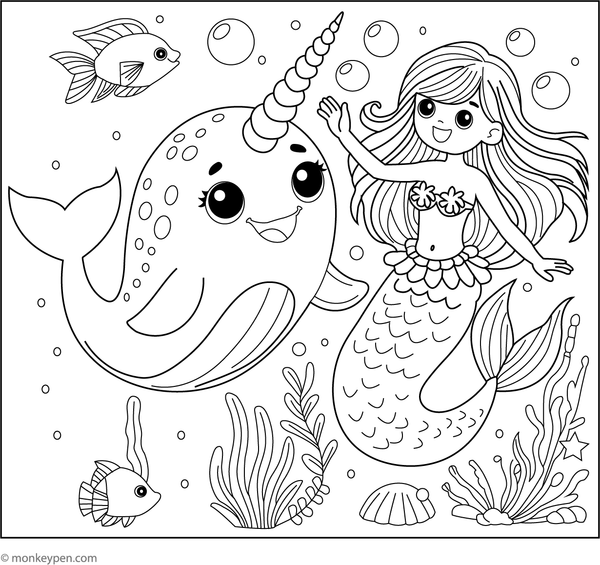 Printable colouring page of a narwhal with a mermaid, suitable for imaginative storytelling.