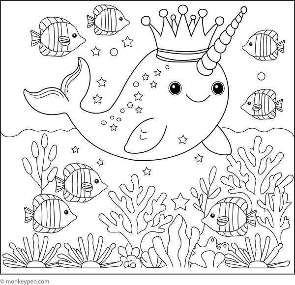 Printable colouring page of a crowned narwhal, representing a regal ocean scene for children