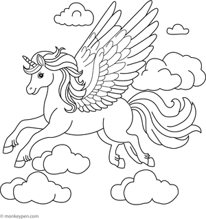 Printable coloring page featuring a majestic Pegasus soaring above fluffy clouds, suitable for children