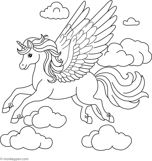 Printable coloring page featuring a majestic Pegasus soaring above fluffy clouds, suitable for children