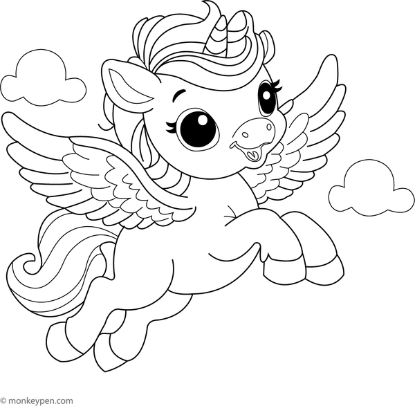 Printable coloring page of a young Pegasus flapping small wings, designed for children