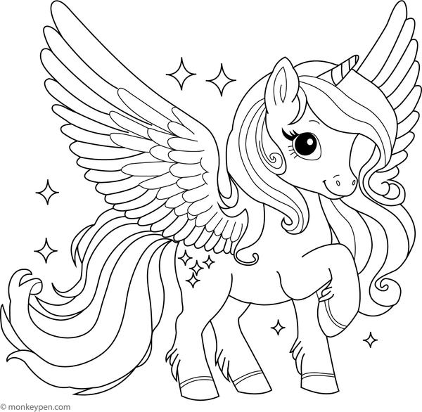 Free printable coloring page of a Pegasus with a flowing, sparkling mane, suitable for children