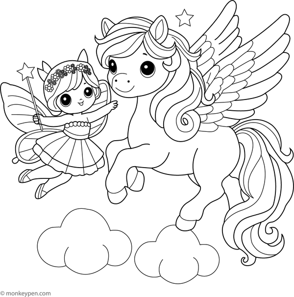 Free printable coloring page of a Pegasus and a tiny fairy, suitable for children.