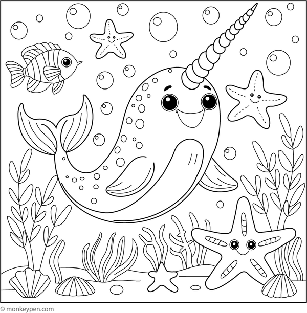 Printable colouring page of a narwhal with a starfish on the ocean floor, suitable for young artists