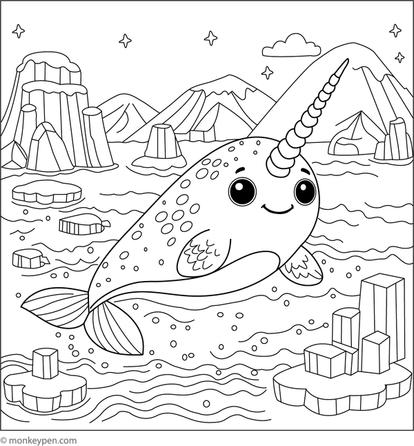 Printable colouring page depicting a narwhal swimming in icy Arctic waters, suitable for children