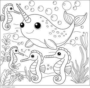 Printable colouring page showing a narwhal swimming with seahorses in an underwater scene, suitable for children