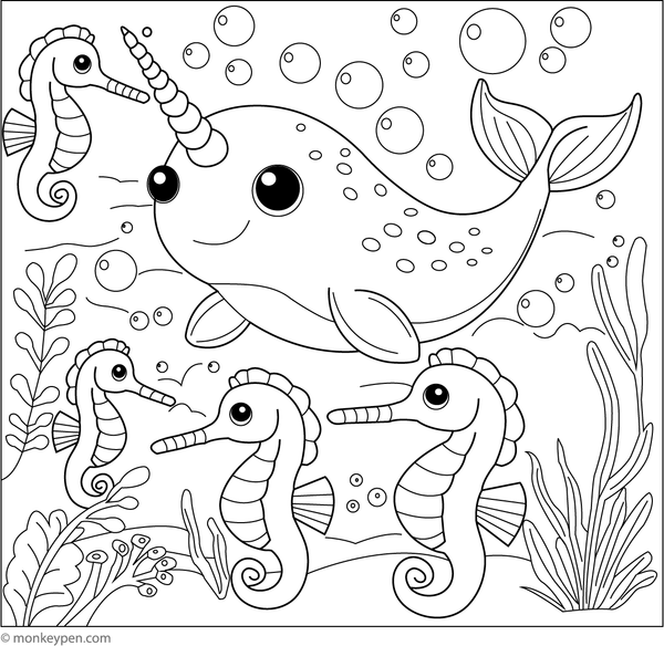 Printable colouring page showing a narwhal swimming with seahorses in an underwater scene, suitable for children
