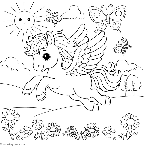 Printable coloring page of a joyful Pegasus prancing through a meadow filled with flowers, fun for children
