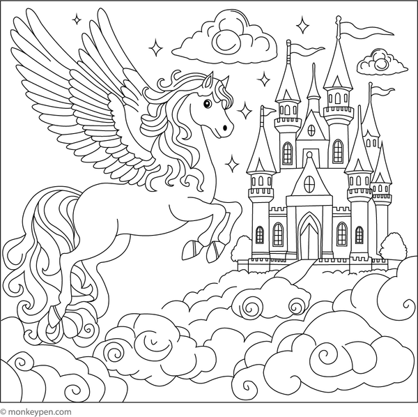 Printable coloring page of a Pegasus flying near a floating castle among clouds, perfect for children