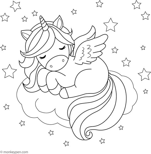 Printable coloring page of a sleeping Pegasus on a cloud under a starry sky, peaceful scene for children