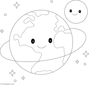 Free coloring page of Earth and Moon, prepared for children to colour in space