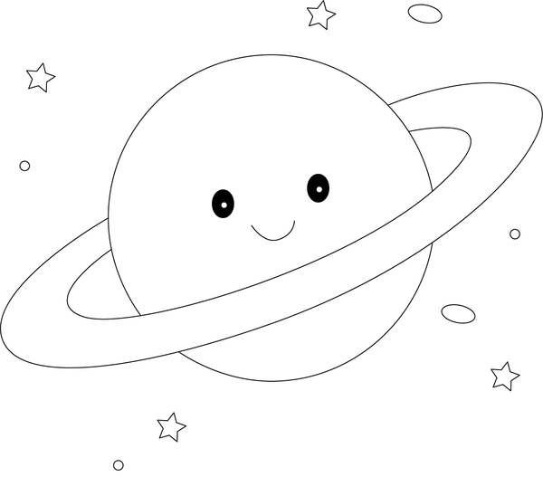 Free downloadable saturn with its prominent rings, ready for children to colour