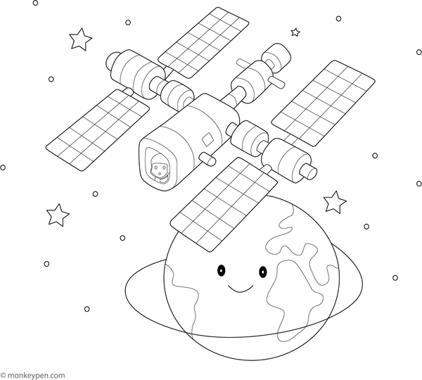 Free colouring page of space station orbiting Earth with solar panels and stars, designed for children to colour