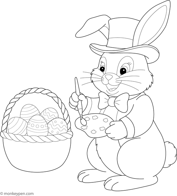 Free printable colouring page of a bunny painting a colorful Easter egg, suitable for children