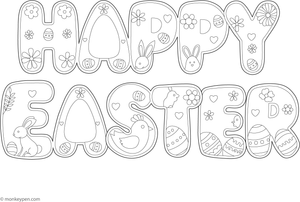Free downloadable colouring page with “Happy Easter” decorated with flowers and easter eggs