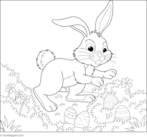 Free printable colouring page of the Easter bunny hiding eggs in a garden scene