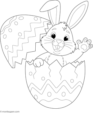 Free printable colouring page of a bunny peeking from a large decorated Easter egg