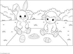 Free printable colouring page of a bunny and friend enjoying Easter treats.