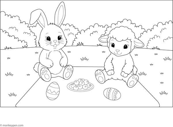 Free printable colouring page of a bunny and friend enjoying Easter treats.