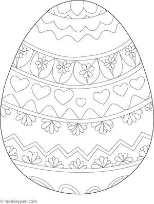 Printable colouring page of a large Easter egg with intricate patterns
